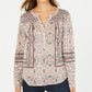 Style & Co Women's Petite Scarf-Print Peasant Top Beige Size PL