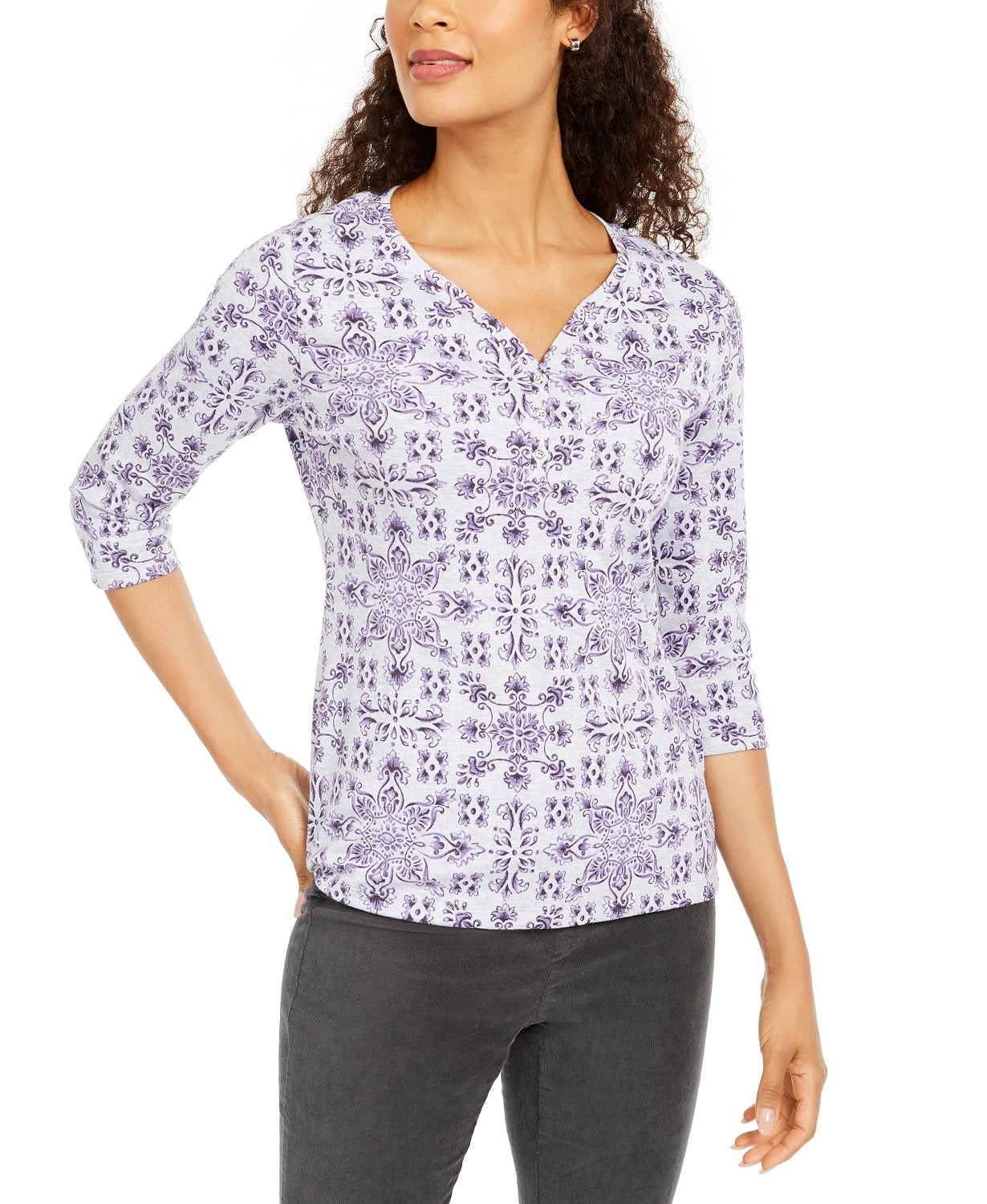Karen Scott Women's Petite Printed 3/4-Sleeve Henley Top Grey Size PL