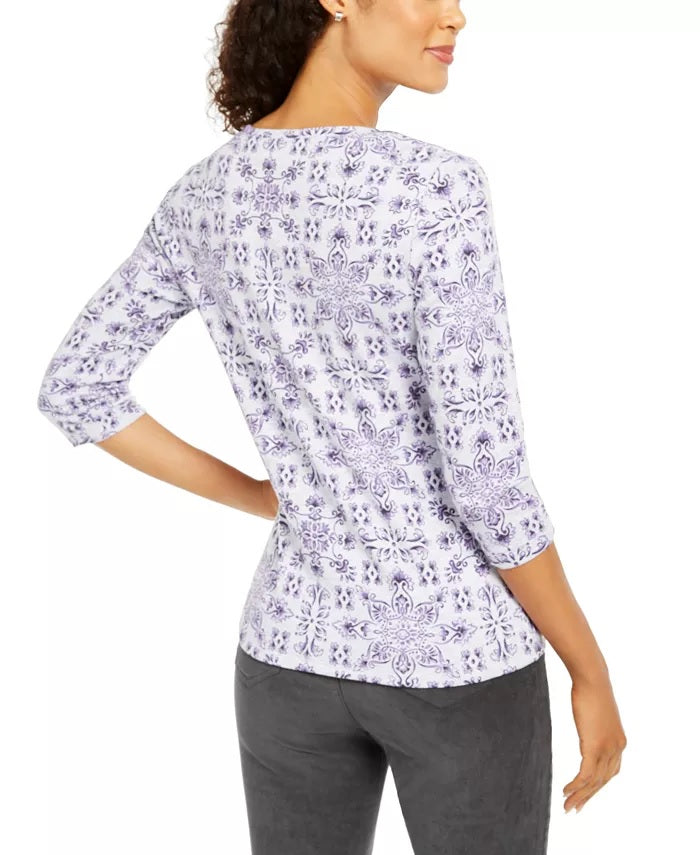 Karen Scott Women's Petite Printed 3/4-Sleeve Henley Top Grey Size PL