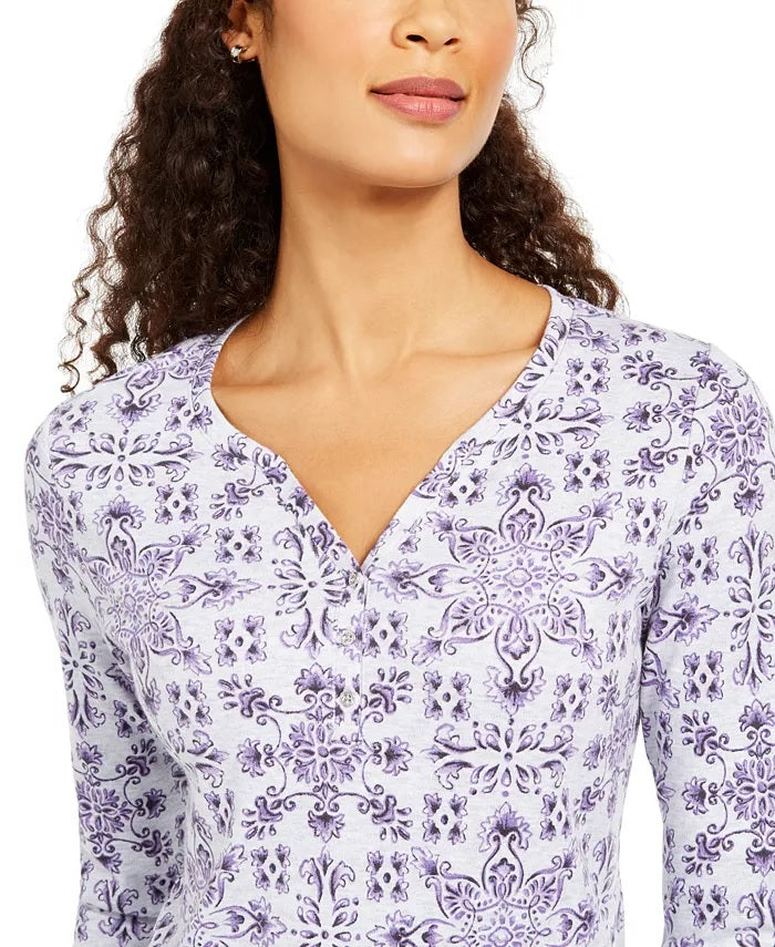 Karen Scott Women's Petite Printed 3/4-Sleeve Henley Top Grey Size PL