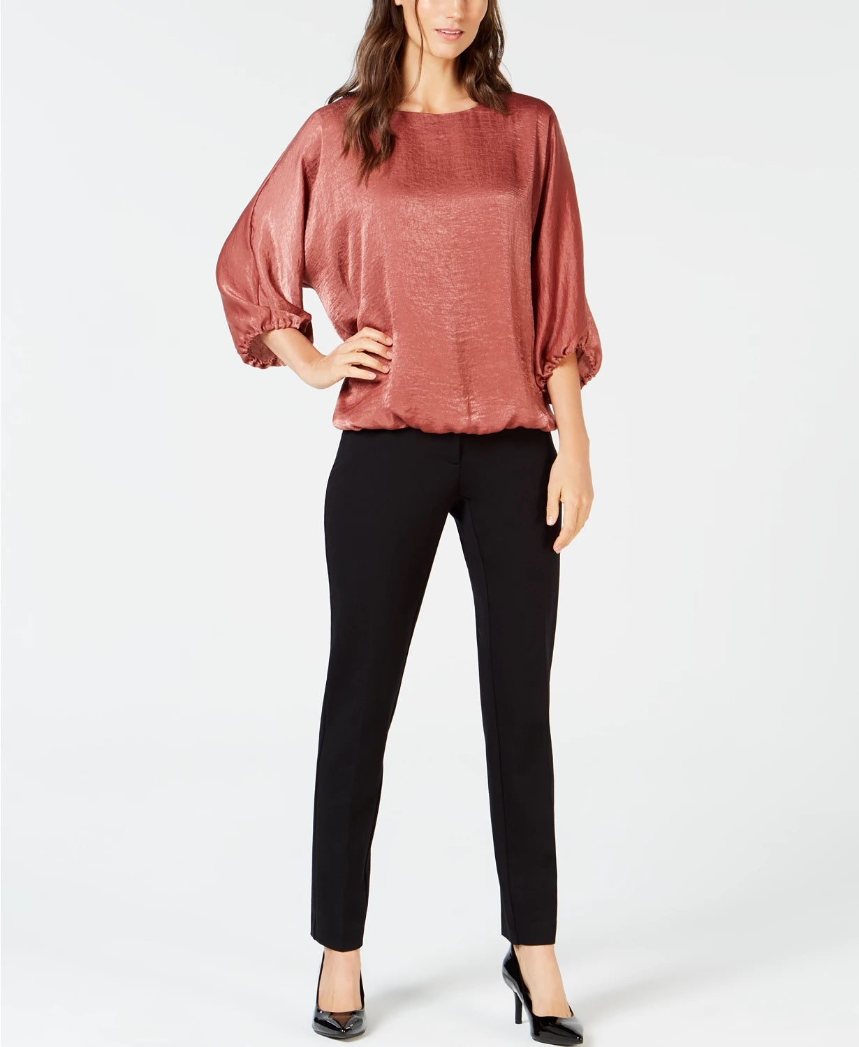Alfani Women's Petite Washed Satin Dolman-Sleeve Bubble Top Pink Size Petite Small