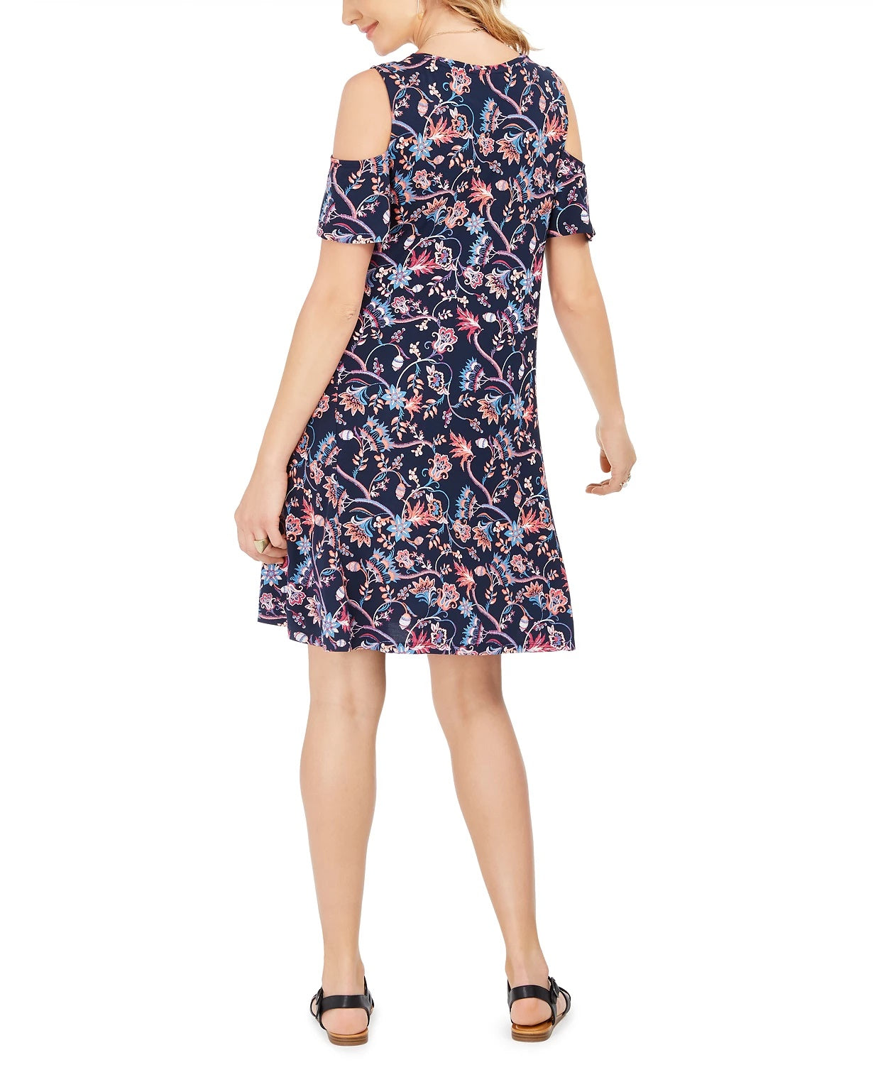 Style & Co Women's Printed Cold-Shoulder Swing Dress Navy Size X-Small