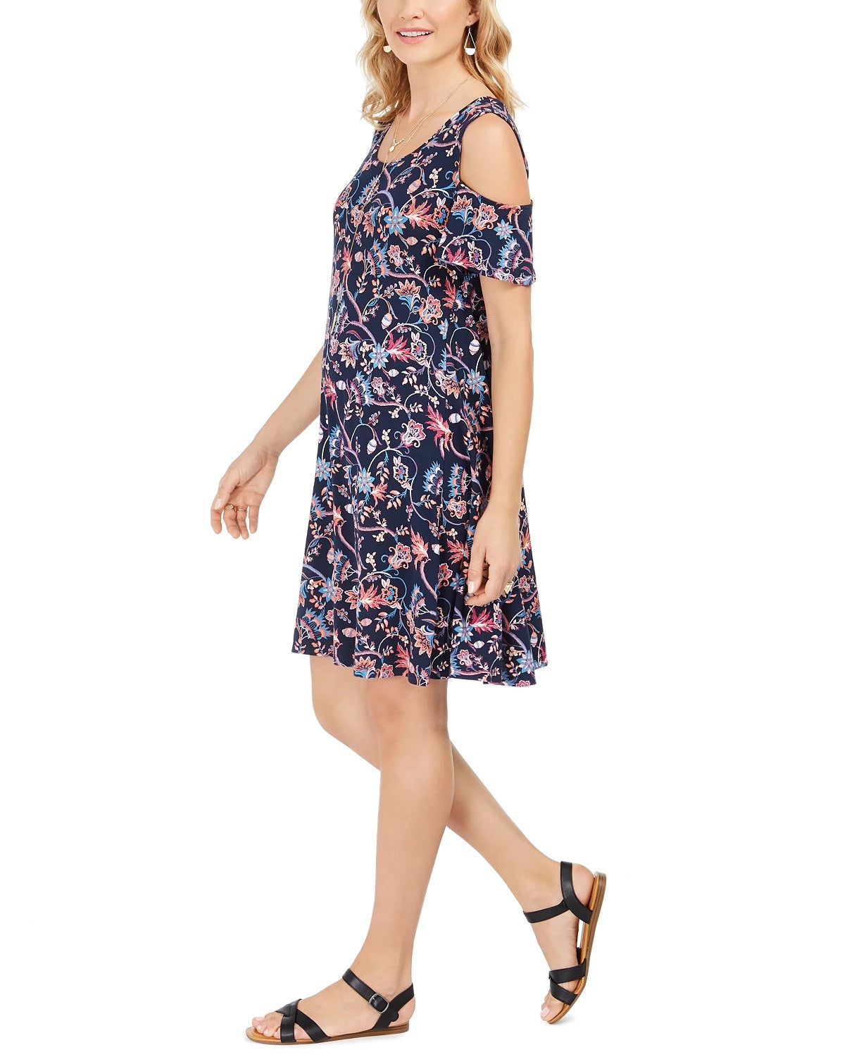 Style & Co Women's Printed Cold-Shoulder Swing Dress Navy Size X-Small