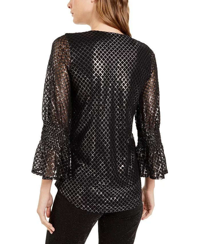 Alfani Women's Petite Metallic-Print Smocked-Sleeve Top Gray Size Petite Small