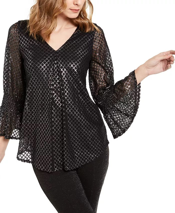Alfani Women's Petite Metallic-Print Smocked-Sleeve Top Gray Size Petite Small