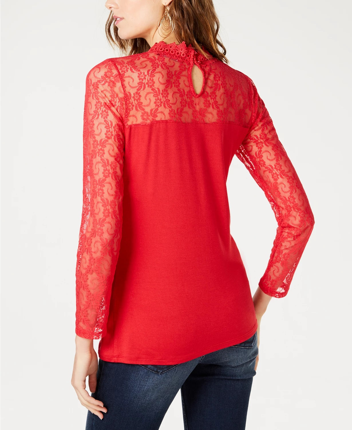 INC International Concepts Women's Petite Lace-Yolk Top Dark Red Size PXL