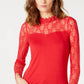 INC International Concepts Women's Petite Lace-Yolk Top Dark Red Size PXL