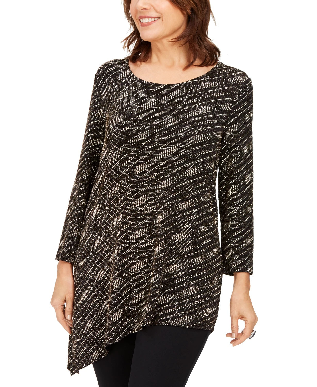 JM Collection Women's Petite Metallic Asymmetrical Top Black Size Petite Small-Medium