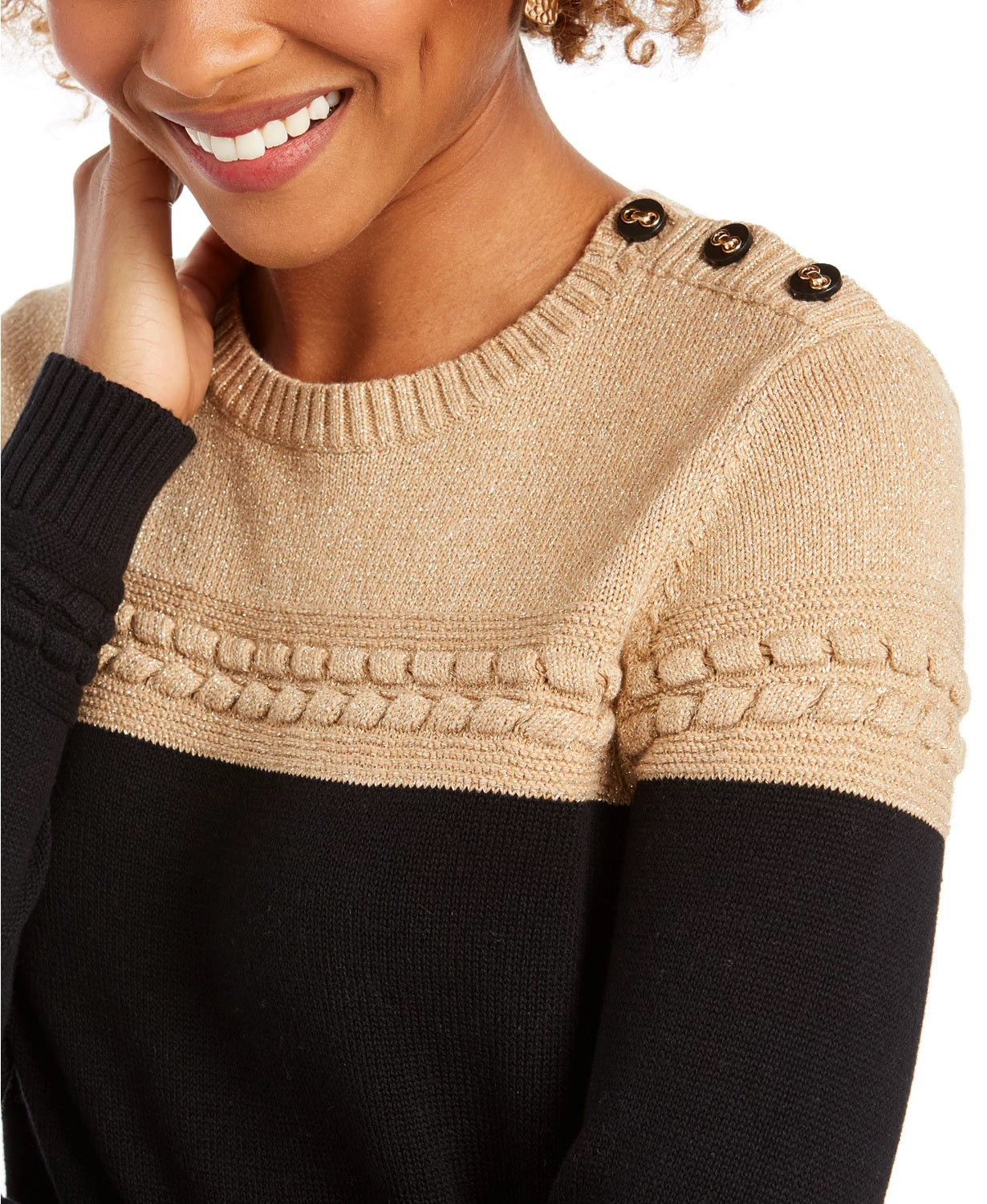 Charter Club Women's Metallic Colorblocked Crewneck Sweater Beige Size Small