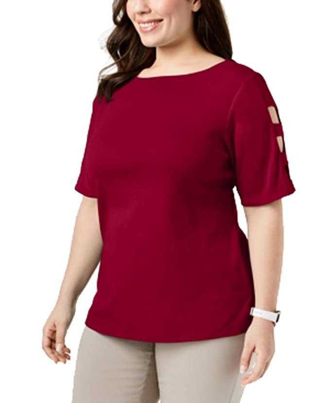 Karen Scott Women's Cotton Cutout Sleeves Top Red Size S