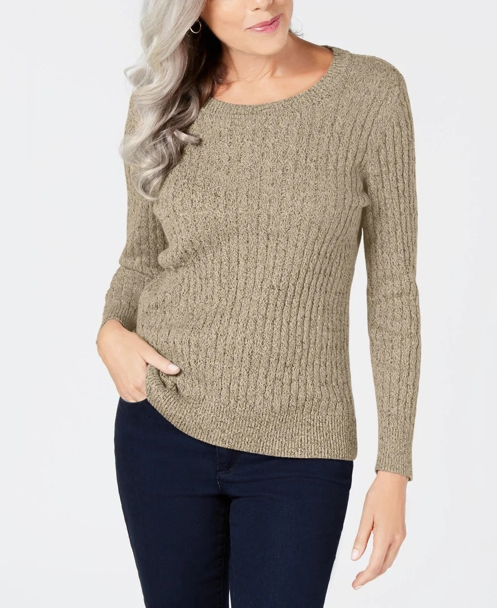 Karen Scott Women's Cotton Cable Knit Sweater Beige  Size Petite Small