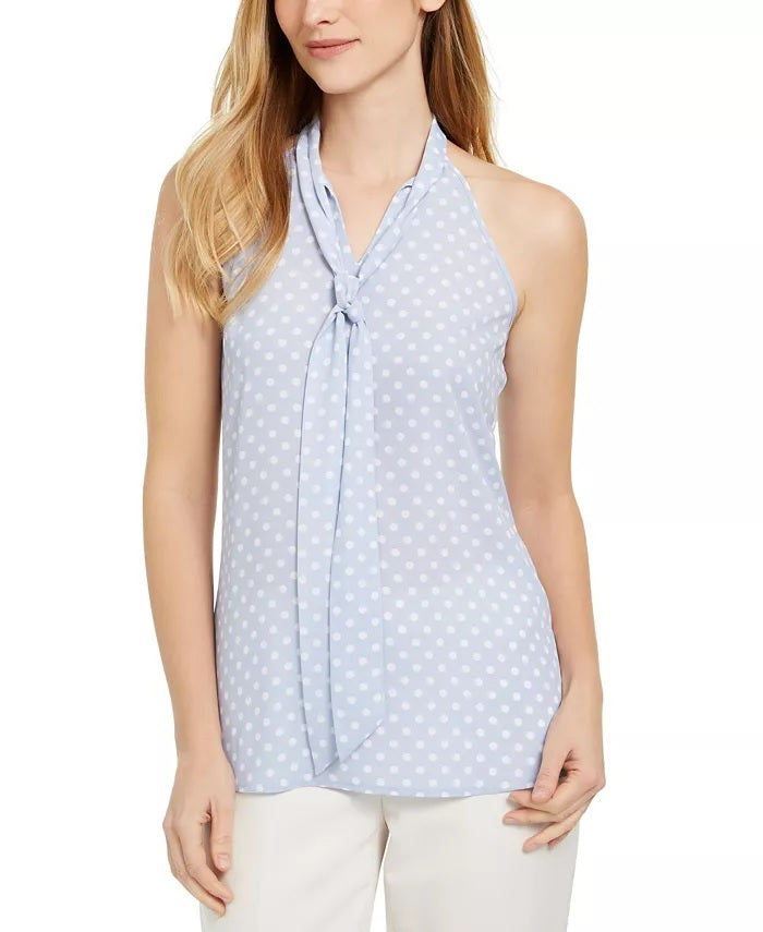 Calvin Klein Women's X-Fit Slim-Fit Dot-Print Tie-Neck Top Blue Size X-Large