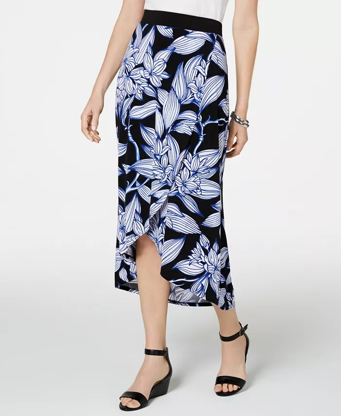 JM Collection Women's Printed Faux-Wrap Maxi Skirt Black Size Large