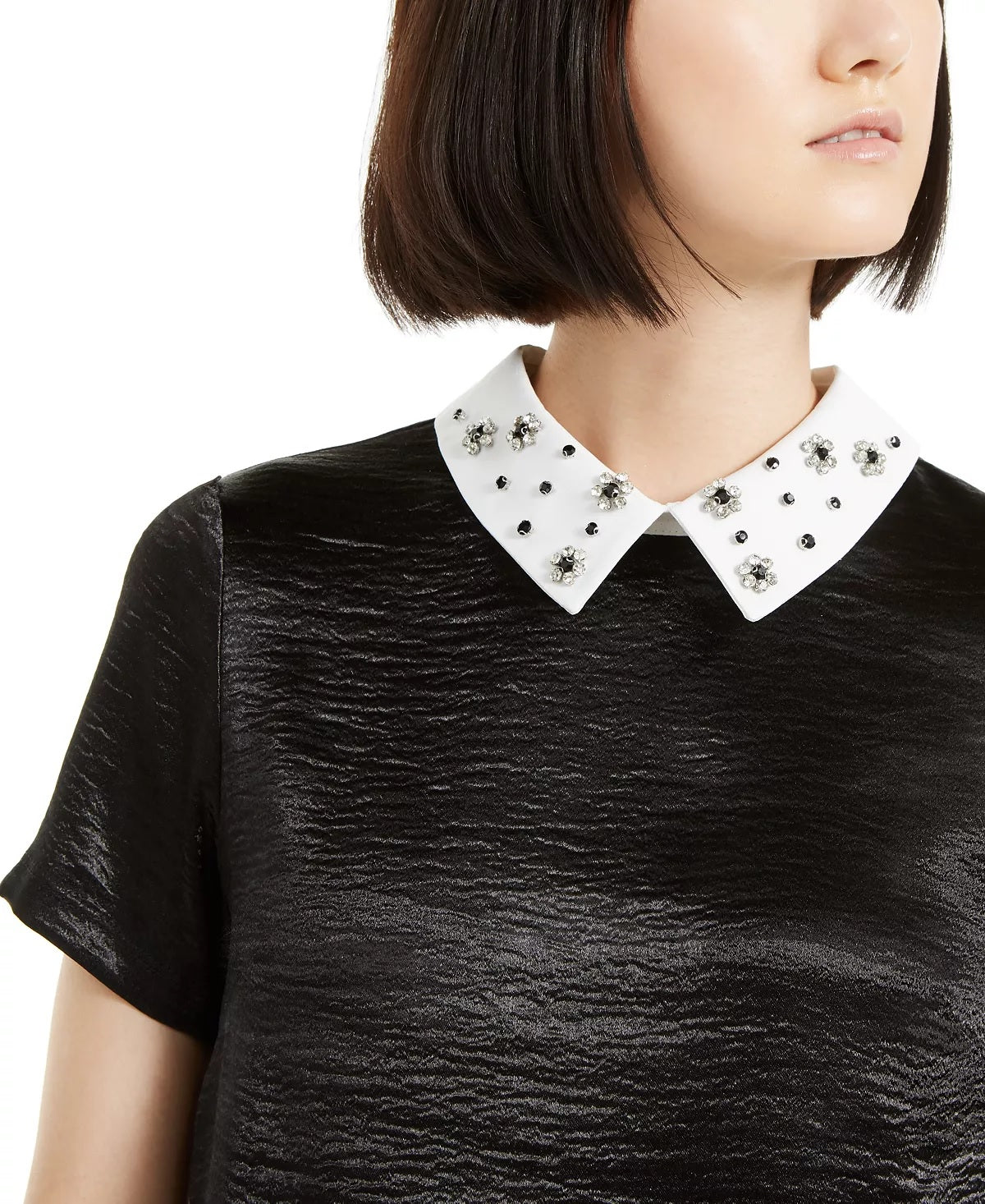 Monteau Women's Petite Rhinestone Collar Top Black Size Petite Large