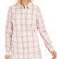 Charter Club Women's Button Windowpane Plaid Cuffed Collared Top Pink Size Medium