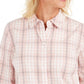 Charter Club Women's Button Windowpane Plaid Cuffed Collared Top Pink Size Medium