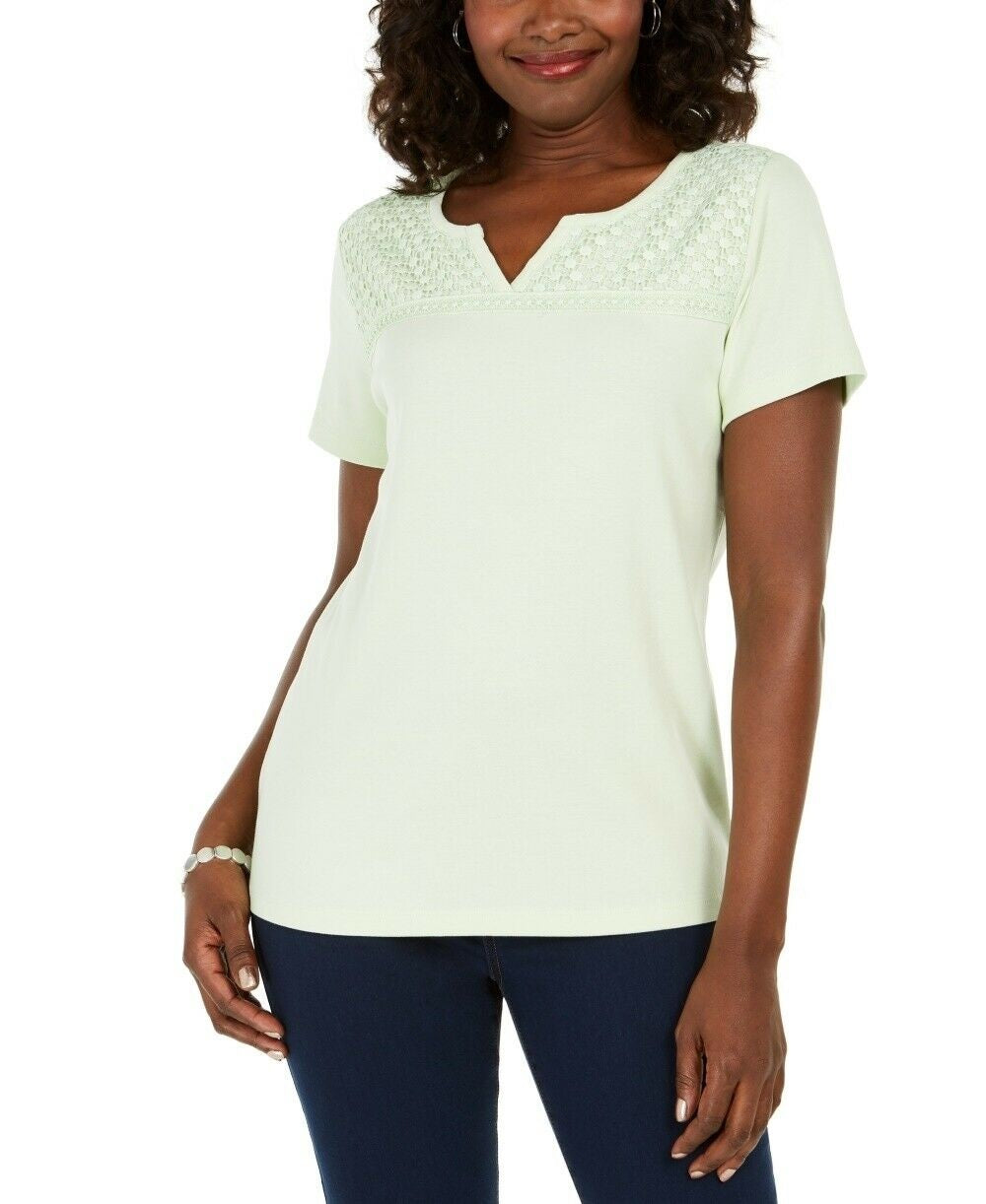 Karen Scott Women's Crochet-Trim 3/4 Sleeve Split-Neck Top Green Size Small
