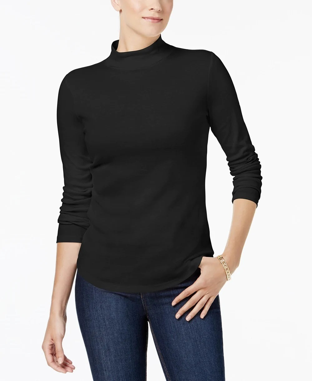 Charter Club Women's Cotton Mock-Neck Top Black  Size X-Large