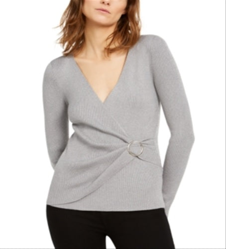 INC International Concepts Women's Petite Metallic-Knit Faux-Wrap Sweater Gray Size Petite L