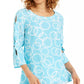 JM Collection Women's Amalfi Printed Split-Sleeve Top White/Navy Size Small