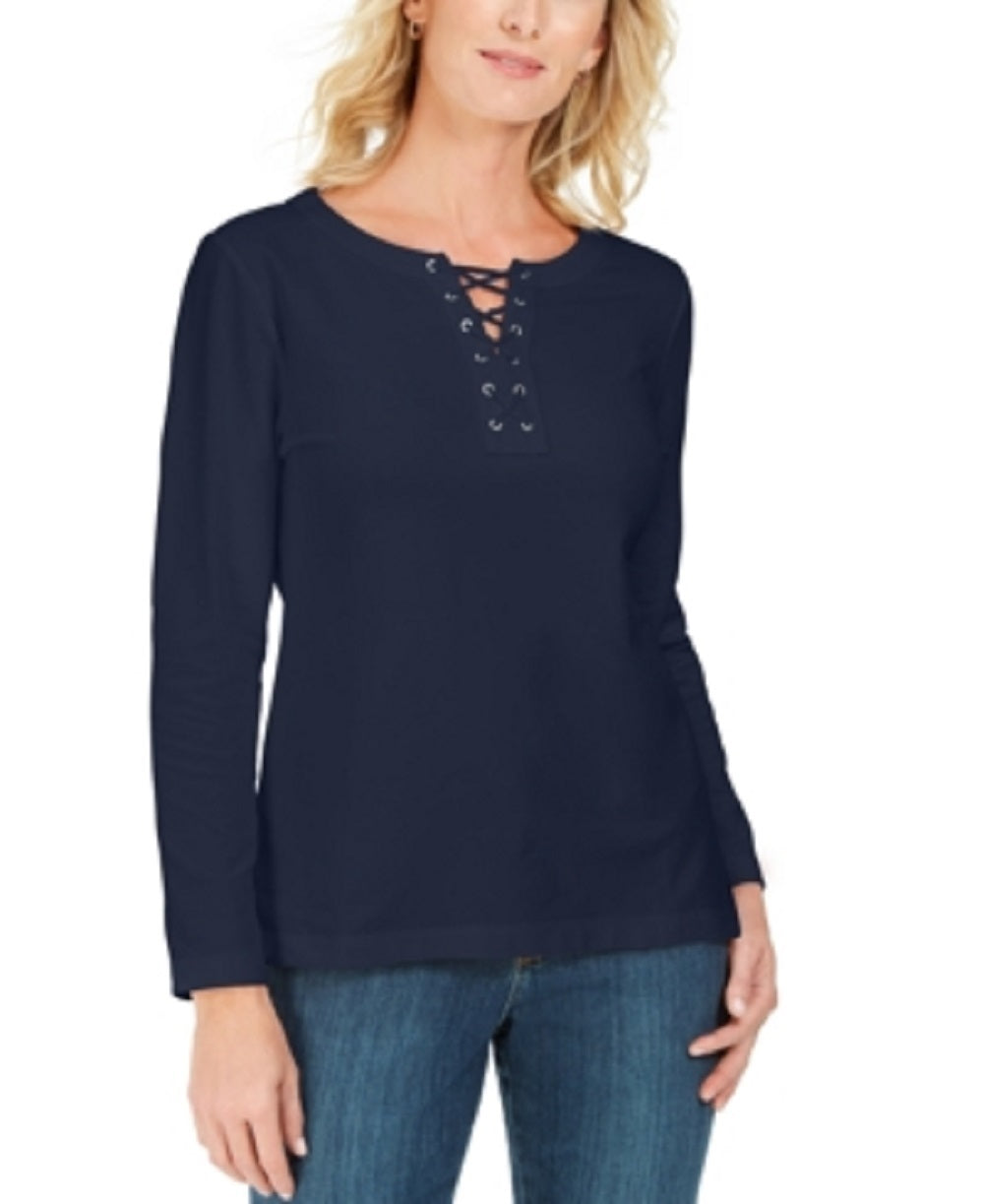 Karen Scott Women's Lace-Up French Terry Sweatshirt Navy Size Small