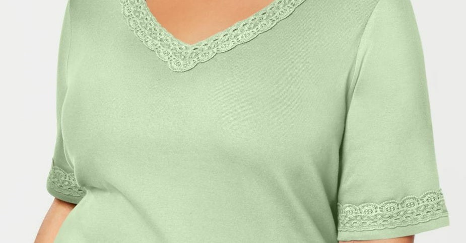 Karen Scott Women's Cotton Open-Trim V-Neck T-Shirt Green Size Medium