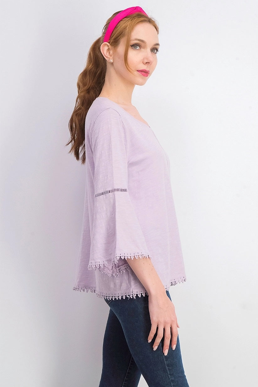 Style & Co Women's Crochet-Trim Bell-Sleeve Top Painted Lilac Size Small