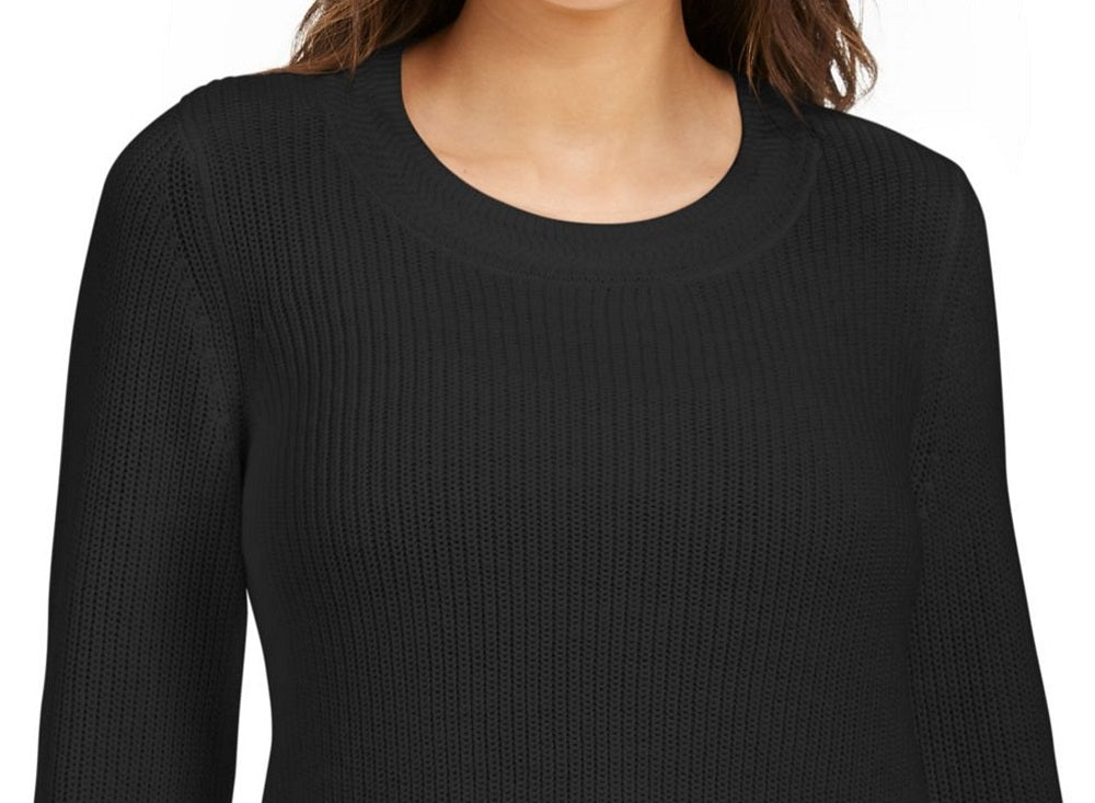 Style & Co Women's Textured Knitted Printed Long Sleeve Scoop Neck T Shirt Sweater Black Size Petite Small