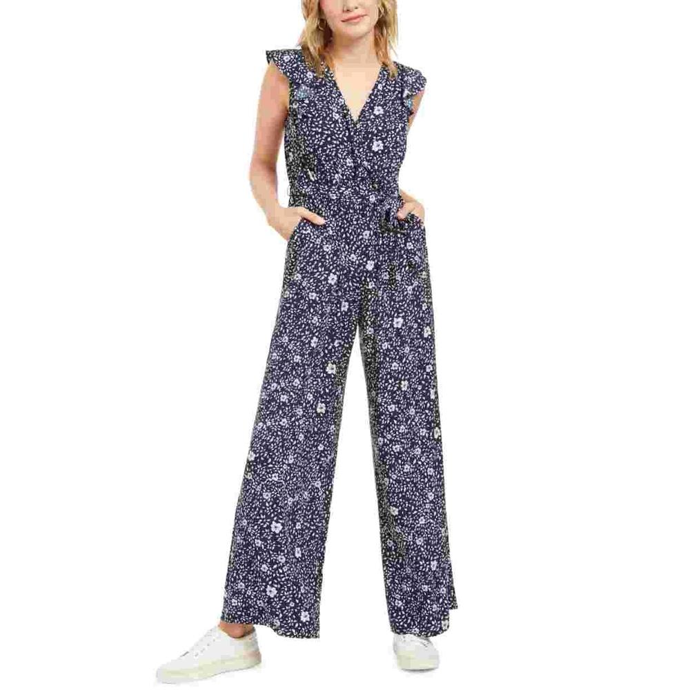 Charter Club Women's Printed Belted Jumpsuit  Blue Size 18