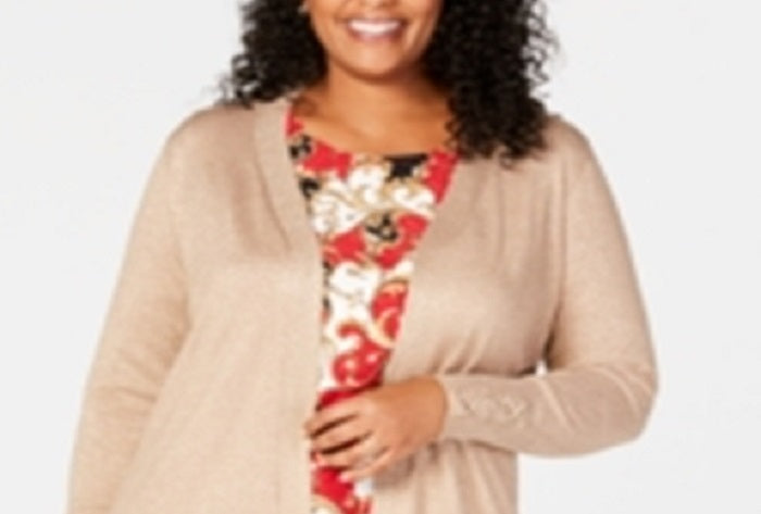 JM Collection Women's Plus Lace up Metallic Cardigan Beige Size 2X