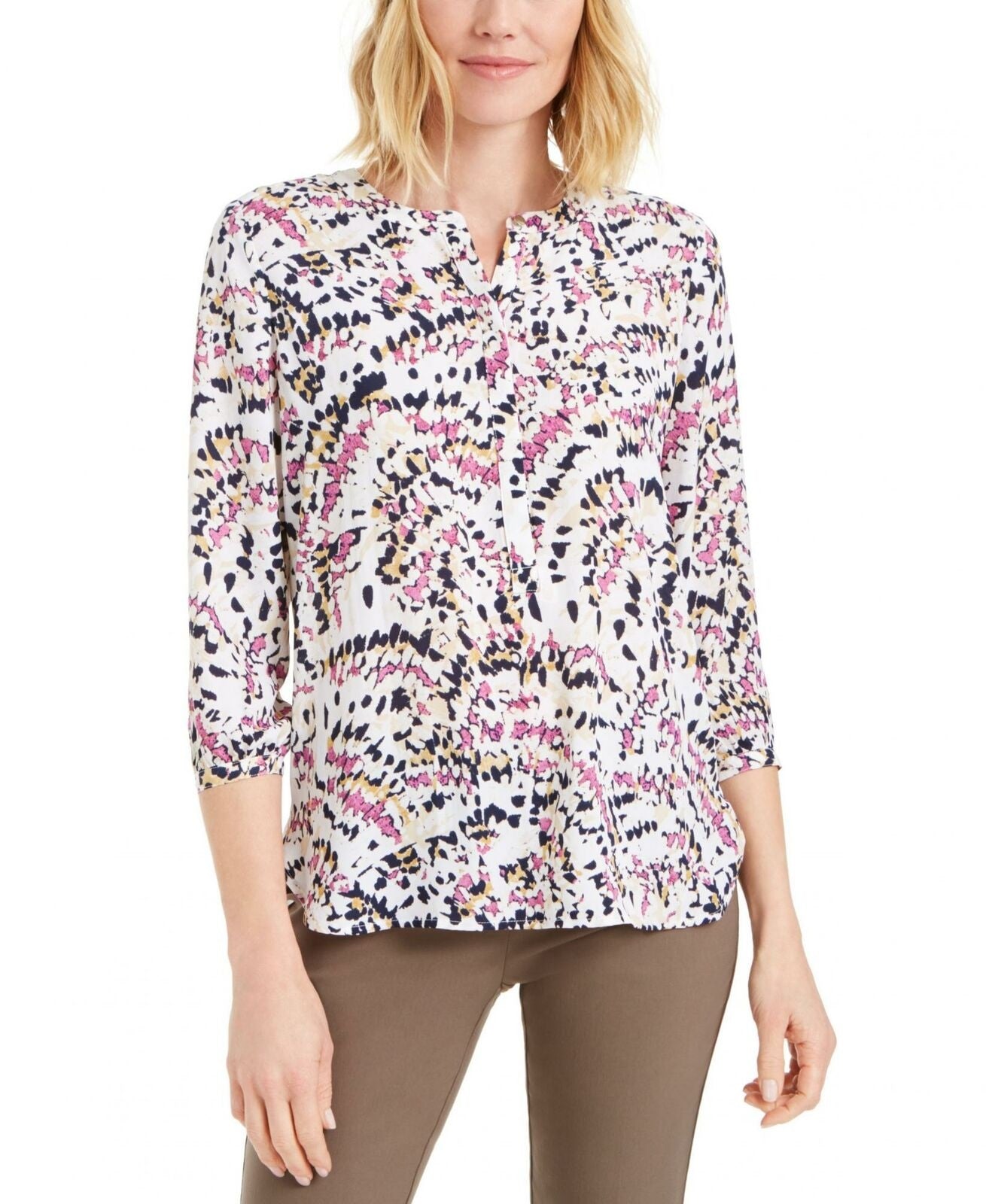 JM Collection Women's Printed Pleat Back Top Pink Size Small