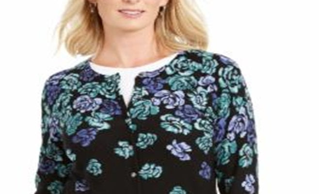 Karen Scott Women's Serenity Floral Print Cardigan Blue Size Medium