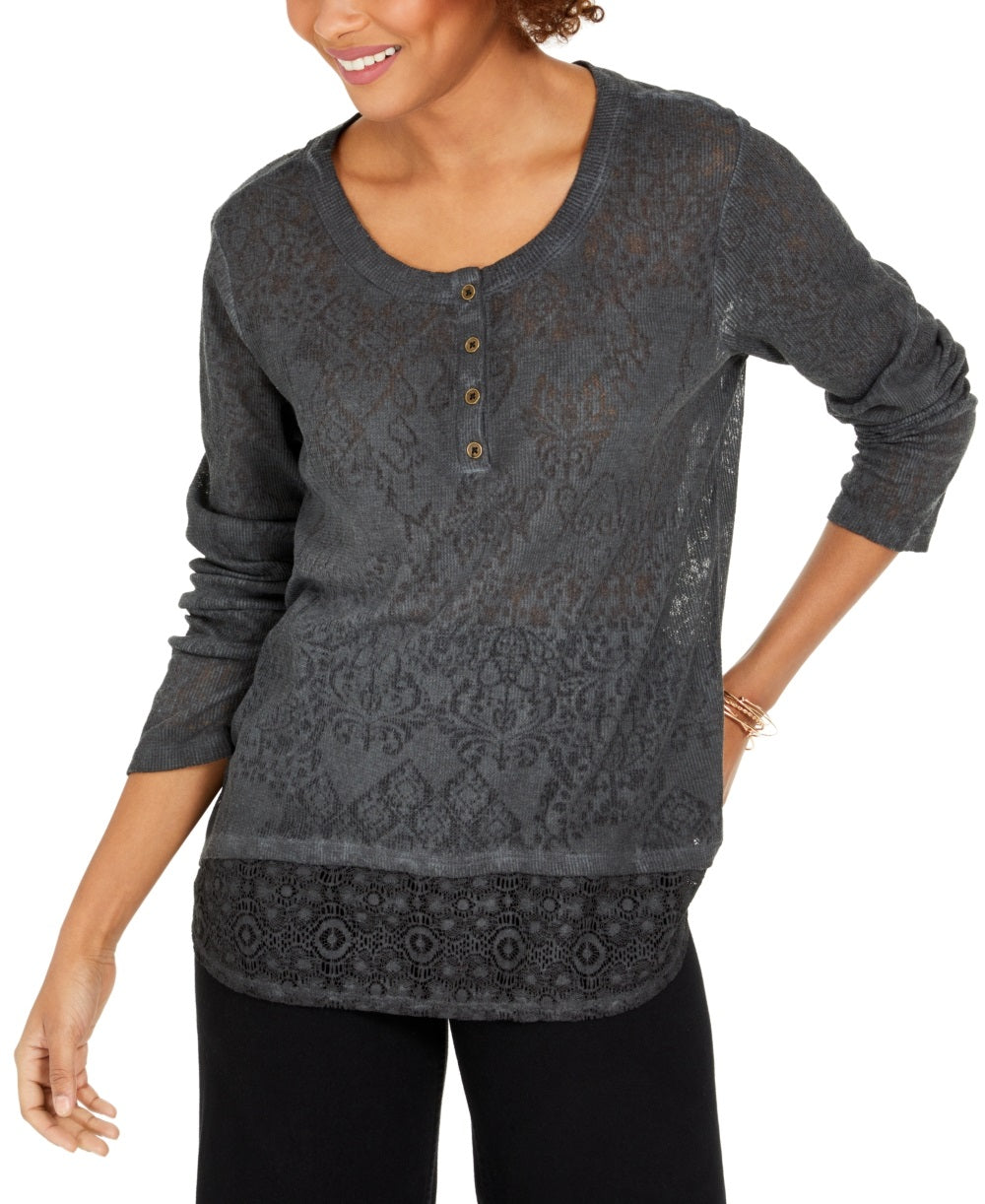 Style & Co Women's Lace Henley Top Black Size Small