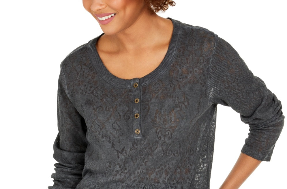 Style & Co Women's Lace Henley Top Black Size Small