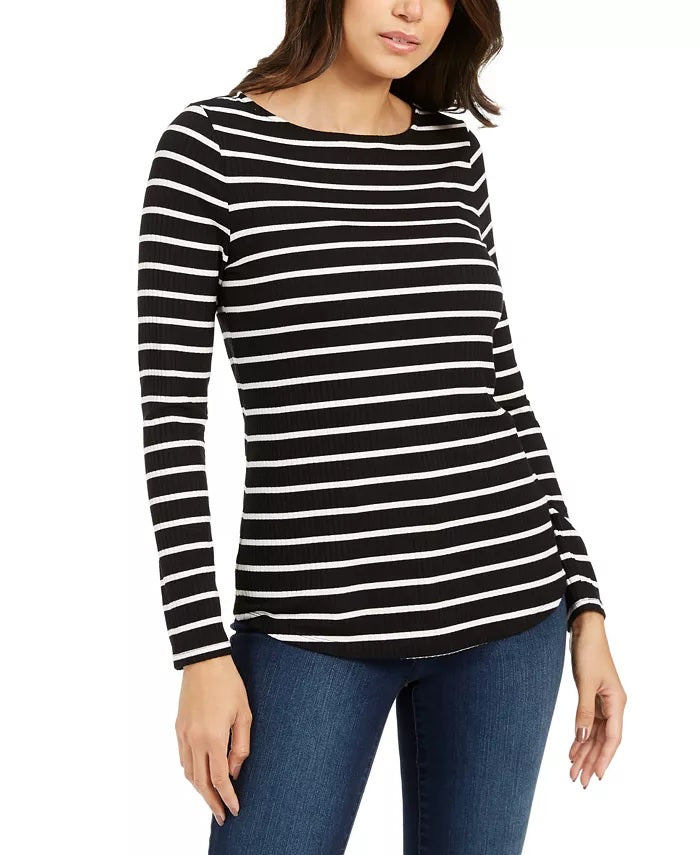 Charter Club Women's Petite Striped Top Black Size -PL