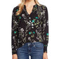 Cece Women's Winter Botanical Crochet-Trim Top Black Size Small