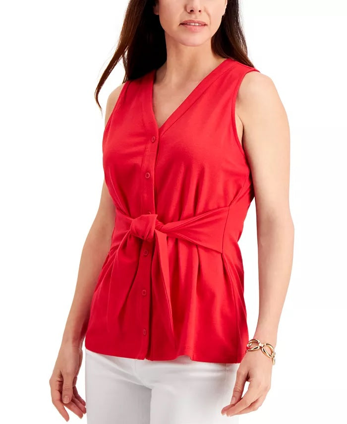 Charter Club Women's Tie-Front Sleeveless Top Red Size Large