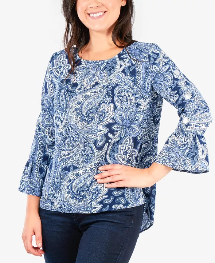 NY Collection Women's Petite All-Over Print Bell-Sleeve Top Navy Size Petite Small