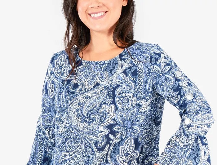 NY Collection Women's Petite All-Over Print Bell-Sleeve Top Navy Size Petite Small