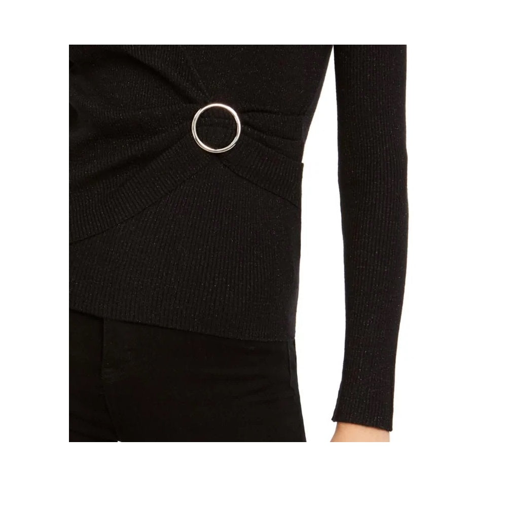INC International Concepts Women's Metallic Knit Faux Wrap Sweater Black Size Petite S