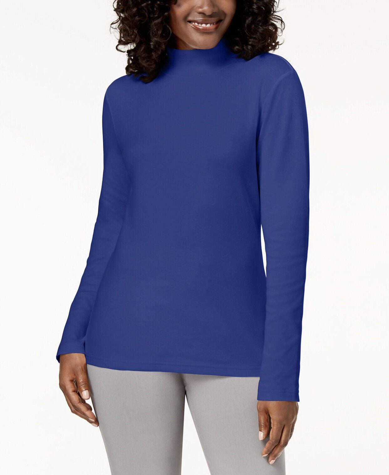 Karen Scott Women's Long Sleeve Moc -Neck Cotton Top Blue Size Petite S