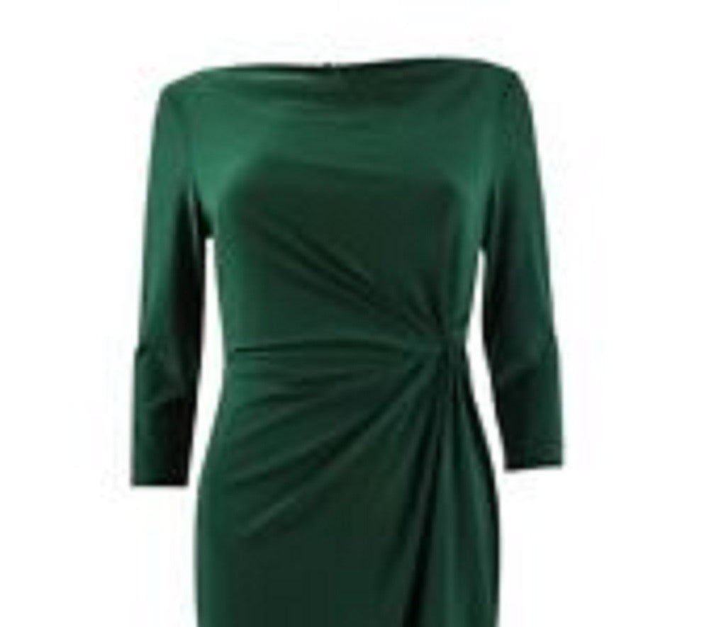 Ralph Lauren Women's Slitted Acid Wash Long Sleeve Boat Neck Full Length Evening Sheath Dress Green Size 14