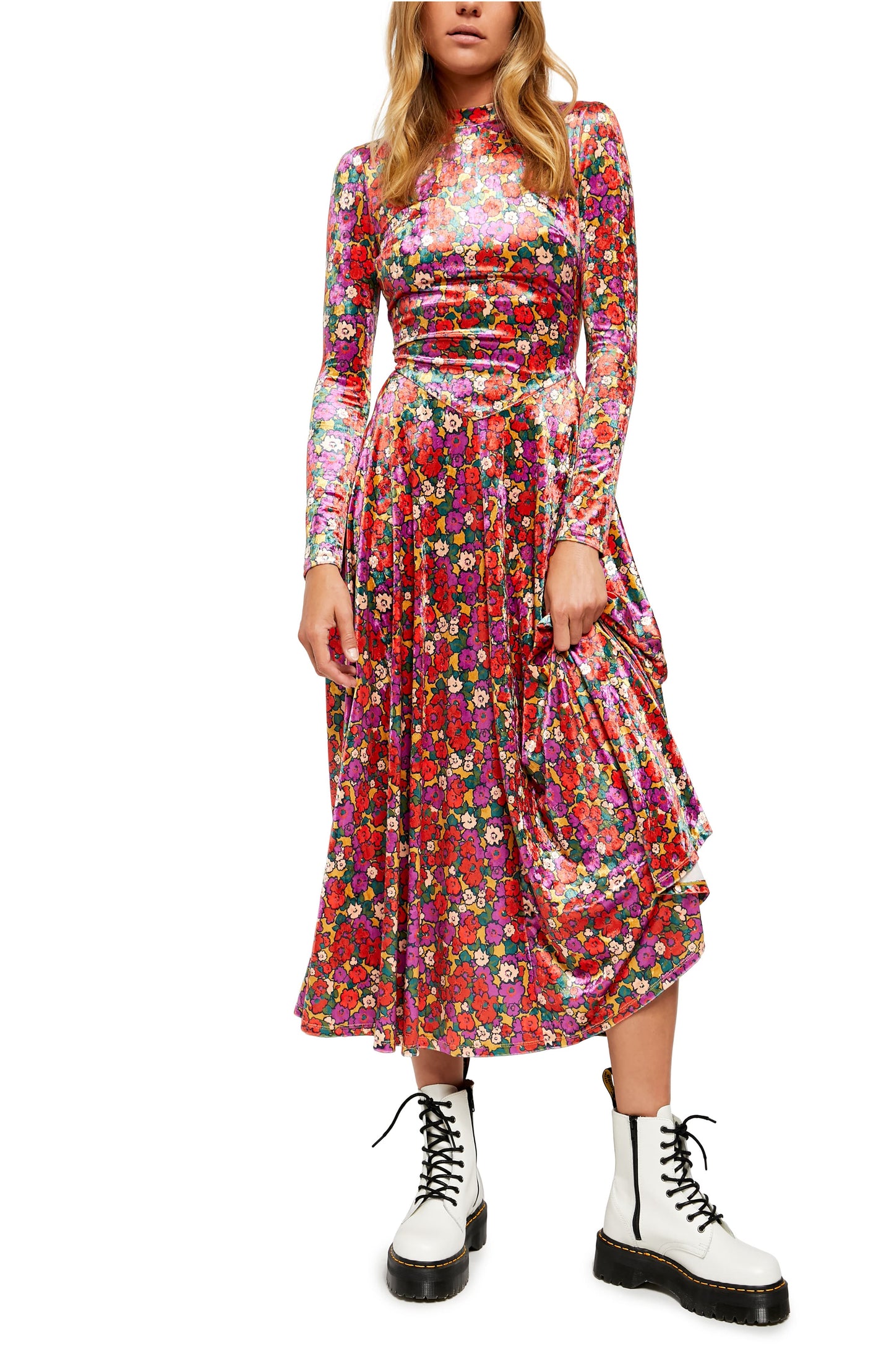 Free People Women's Heartland Velvet Floral Print Midi Dress Red Size Large