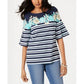 Charter Club Women's Tropical Stripe Bell Sleeve Top Blue Size XX-Large