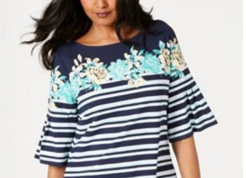 Charter Club Women's Tropical Stripe Bell Sleeve Top Blue Size XX-Large