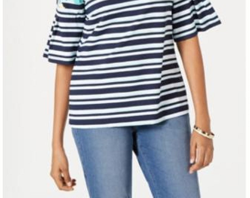 Charter Club Women's Tropical Stripe Bell Sleeve Top Blue Size XX-Large