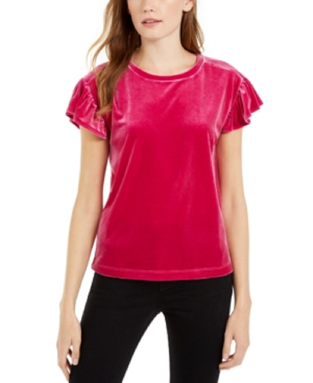 Maison Jules Women's Velvet Solid Short Sleeve Crew Neck Top Purple Size Medium