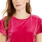 Maison Jules Women's Velvet Solid Short Sleeve Crew Neck Top Purple Size Medium