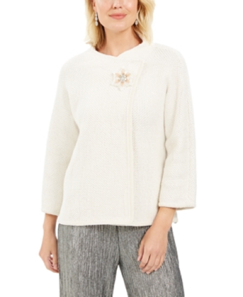JM Collection Women's Holiday Party Metallic Textured Brooch Sweater Jacket White Size X-Large