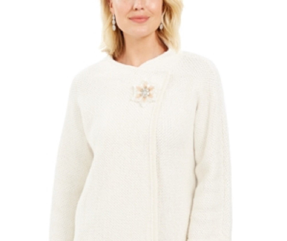 JM Collection Women's Holiday Party Metallic Textured Brooch Sweater Jacket White Size X-Large